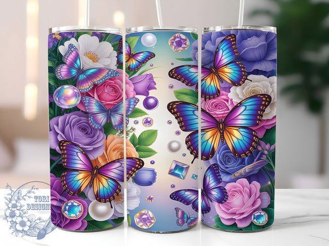 Butterfly Rose Jewel 20oz Tumbler Wrap, Butterfly Motif, Rose Pattern, Jewel Theme, Whimsical Charm, Elegant Style, Skinny Tumbler, Sublimation PNG Sublimation ToriDesigns 