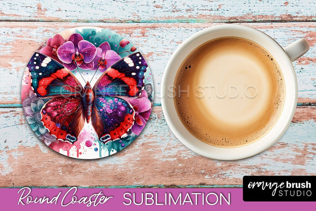 Butterfly Round Coaster Sublimation - Butterfly Coaster PNG Sublimation OrangeBrushStudio 