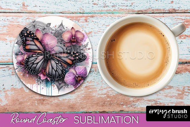 Butterfly Round Coaster Sublimation - Butterfly Coaster PNG Sublimation OrangeBrushStudio 