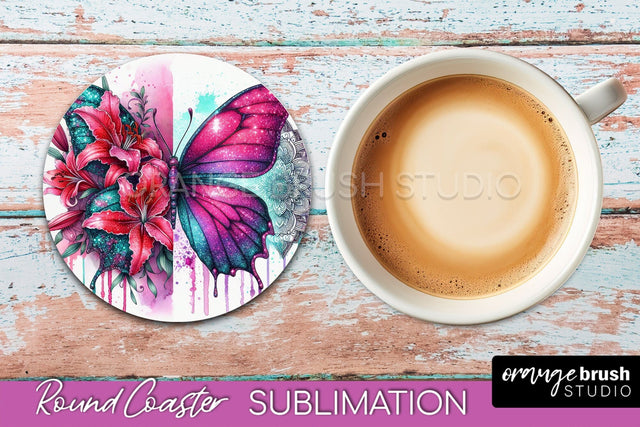 Butterfly Round Coaster Sublimation - Butterfly Coaster PNG Sublimation OrangeBrushStudio 