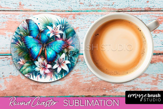 Butterfly Round Coaster Sublimation - Butterfly Coaster PNG Sublimation OrangeBrushStudio 
