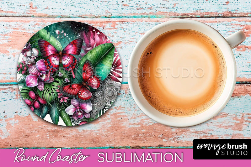 Butterfly Round Coaster Sublimation - Butterfly Coaster PNG Sublimation OrangeBrushStudio 
