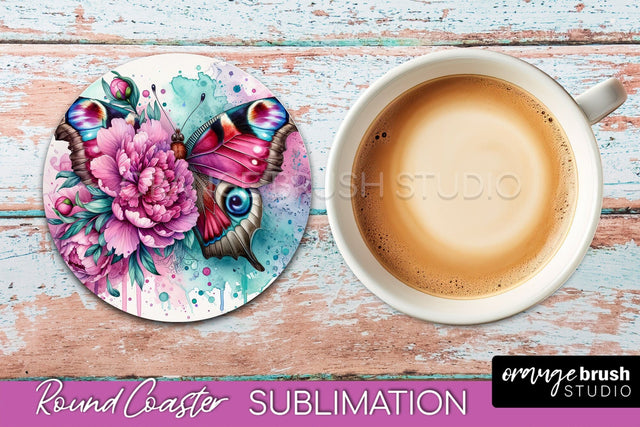 Butterfly Round Coaster Sublimation - Butterfly Coaster PNG Sublimation OrangeBrushStudio 