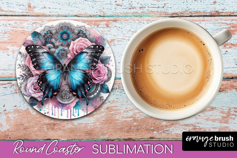 Butterfly Round Coaster Sublimation - Butterfly Coaster PNG Sublimation OrangeBrushStudio 