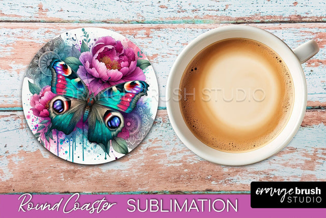 Butterfly Round Coaster Sublimation - Butterfly Coaster PNG Sublimation OrangeBrushStudio 