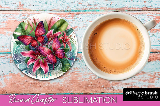 Butterfly Round Coaster Sublimation - Butterfly Coaster PNG Sublimation OrangeBrushStudio 