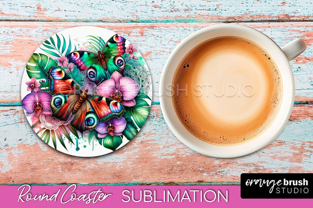 Butterfly Round Coaster Sublimation - Butterfly Coaster PNG Sublimation OrangeBrushStudio 