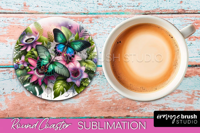 Butterfly Round Coaster Sublimation - Butterfly Coaster PNG Sublimation OrangeBrushStudio 