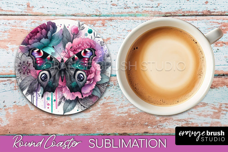 Butterfly Round Coaster Sublimation - Butterfly Coaster PNG Sublimation OrangeBrushStudio 