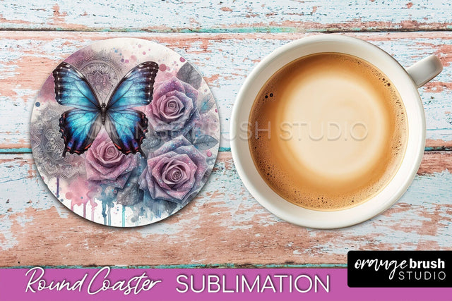 Butterfly Round Coaster Sublimation - Butterfly Coaster PNG Sublimation OrangeBrushStudio 