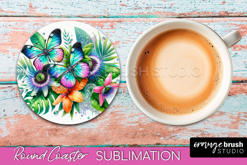Butterfly Round Coaster Sublimation - Butterfly Coaster PNG Sublimation OrangeBrushStudio 