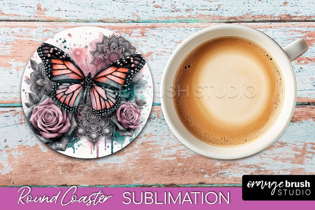 Butterfly Round Coaster Sublimation - Butterfly Coaster PNG Sublimation OrangeBrushStudio 