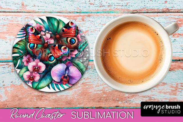 Butterfly Round Coaster Sublimation - Butterfly Coaster PNG Sublimation OrangeBrushStudio 