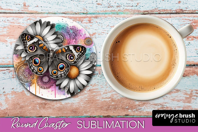 Butterfly Round Coaster Sublimation - Butterfly Coaster PNG Sublimation OrangeBrushStudio 