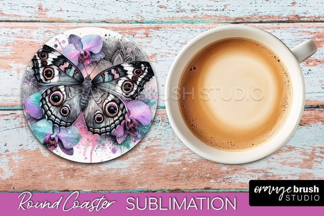 Butterfly Round Coaster Sublimation - Butterfly Coaster PNG Sublimation OrangeBrushStudio 