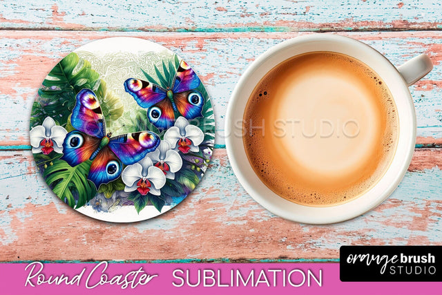 Butterfly Round Coaster Sublimation - Butterfly Coaster PNG Sublimation OrangeBrushStudio 