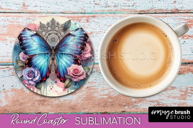 Butterfly Round Coaster Sublimation - Butterfly Coaster PNG Sublimation OrangeBrushStudio 