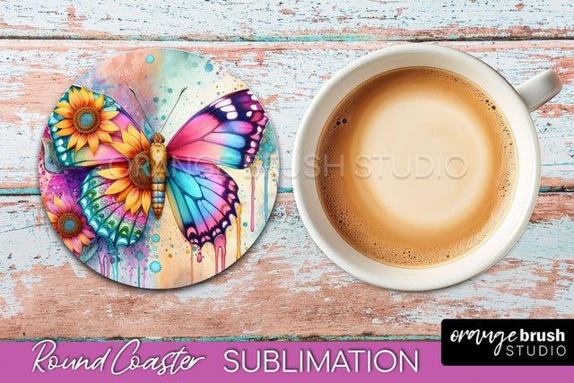 Butterfly Round Coaster Sublimation - Butterfly Coaster PNG Sublimation OrangeBrushStudio 