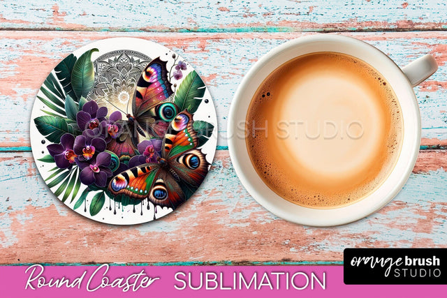 Butterfly Round Coaster Sublimation - Butterfly Coaster PNG Sublimation OrangeBrushStudio 