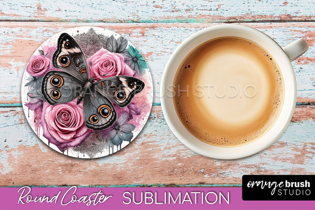 Butterfly Round Coaster Sublimation - Butterfly Coaster PNG Sublimation OrangeBrushStudio 