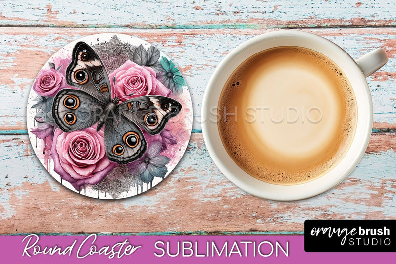 Butterfly Round Coaster Sublimation - Butterfly Coaster PNG Sublimation OrangeBrushStudio 