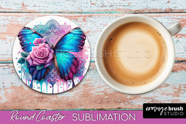 Butterfly Round Coaster Sublimation - Butterfly Coaster PNG Sublimation OrangeBrushStudio 