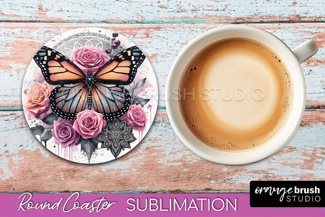 Butterfly Round Coaster Sublimation - Butterfly Coaster PNG Sublimation OrangeBrushStudio 