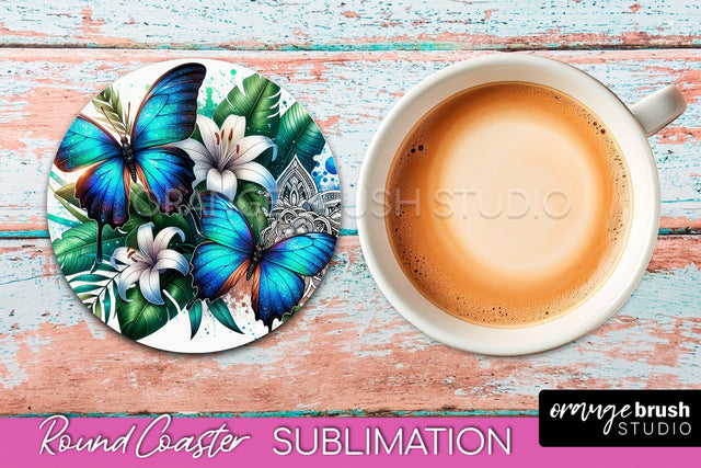 Butterfly Round Coaster Sublimation - Butterfly Coaster PNG Sublimation OrangeBrushStudio 