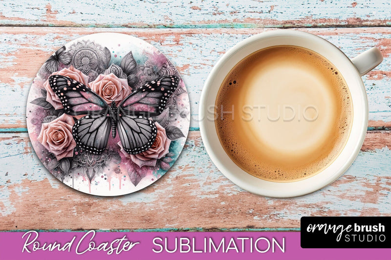 Butterfly Round Coaster Sublimation - Butterfly Coaster PNG Sublimation OrangeBrushStudio 