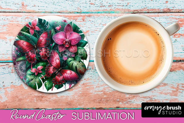 Butterfly Round Coaster Sublimation - Butterfly Coaster PNG Sublimation OrangeBrushStudio 
