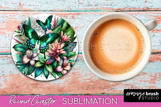 Butterfly Round Coaster Sublimation - Butterfly Coaster PNG Sublimation OrangeBrushStudio 