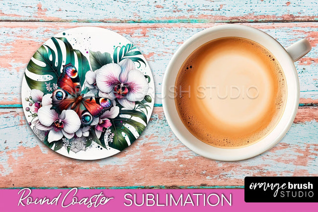 Butterfly Round Coaster Sublimation - Butterfly Coaster PNG Sublimation OrangeBrushStudio 