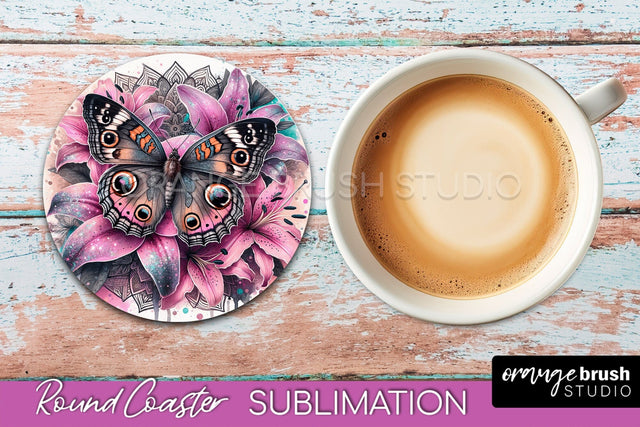 Butterfly Round Coaster Sublimation - Butterfly Coaster PNG Sublimation OrangeBrushStudio 