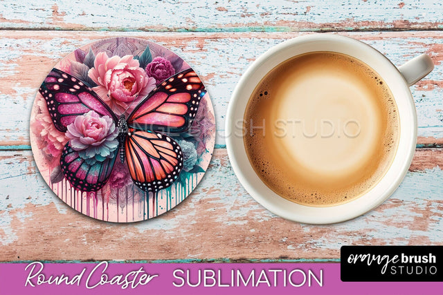 Butterfly Round Coaster Sublimation - Butterfly Coaster PNG Sublimation OrangeBrushStudio 