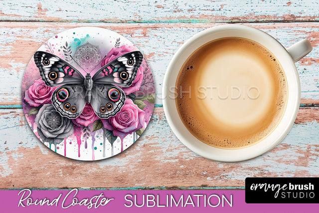 Butterfly Round Coaster Sublimation - Butterfly Coaster PNG Sublimation OrangeBrushStudio 