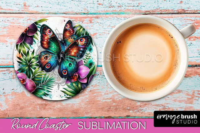 Butterfly Round Coaster Sublimation - Butterfly Coaster PNG Sublimation OrangeBrushStudio 