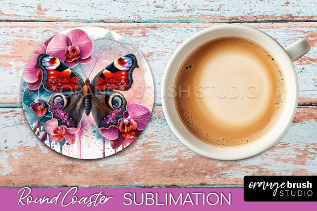 Butterfly Round Coaster Sublimation - Butterfly Coaster PNG Sublimation OrangeBrushStudio 