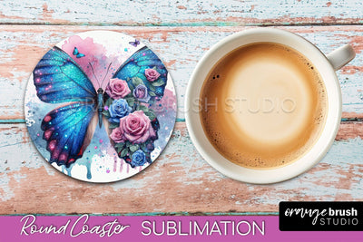 Butterfly Round Coaster Sublimation - Butterfly Coaster PNG Sublimation OrangeBrushStudio 