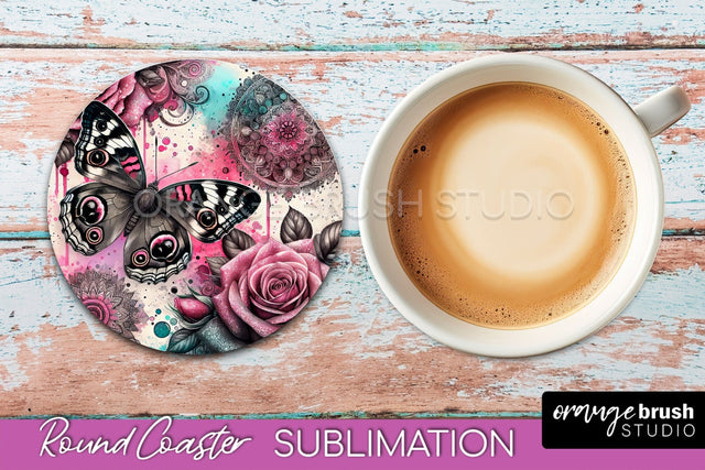 Butterfly Round Coaster Sublimation - Butterfly Coaster PNG Sublimation OrangeBrushStudio 