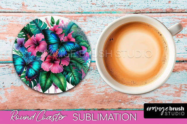 Butterfly Round Coaster Sublimation - Butterfly Coaster PNG Sublimation OrangeBrushStudio 
