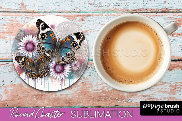 Butterfly Round Coaster Sublimation - Butterfly Coaster PNG Sublimation OrangeBrushStudio 