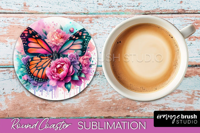 Butterfly Round Coaster Sublimation - Butterfly Coaster PNG Sublimation OrangeBrushStudio 