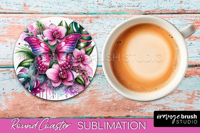 Butterfly Round Coaster Sublimation - Butterfly Coaster PNG Sublimation OrangeBrushStudio 