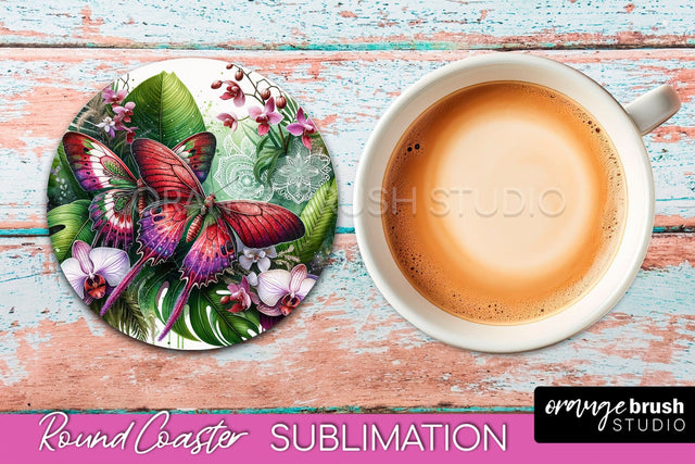 Butterfly Round Coaster Sublimation - Butterfly Coaster PNG Sublimation OrangeBrushStudio 