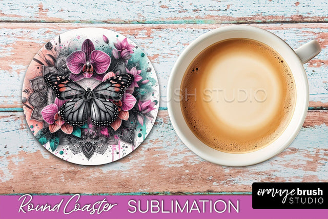Butterfly Round Coaster Sublimation - Butterfly Coaster PNG Sublimation OrangeBrushStudio 