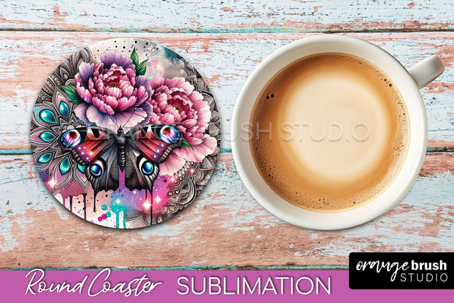 Butterfly Round Coaster Sublimation - Butterfly Coaster PNG Sublimation OrangeBrushStudio 