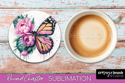 Butterfly Round Coaster Sublimation - Butterfly Coaster PNG Sublimation OrangeBrushStudio 