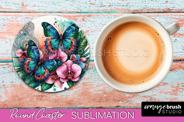 Butterfly Round Coaster Sublimation - Butterfly Coaster PNG Sublimation OrangeBrushStudio 