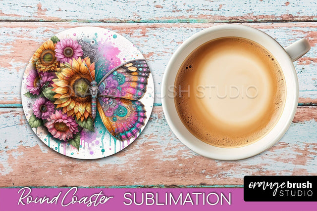 Butterfly Round Coaster Sublimation - Butterfly Coaster PNG Sublimation OrangeBrushStudio 