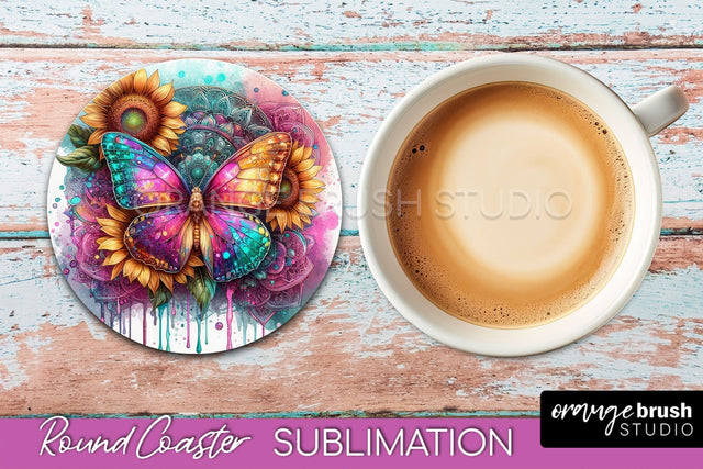 Butterfly Round Coaster Sublimation - Butterfly Coaster PNG Sublimation OrangeBrushStudio 